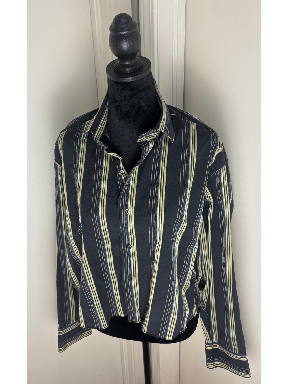 Upcycled Cropped Striped Button Up Women Y2K Grunge Distressed Top